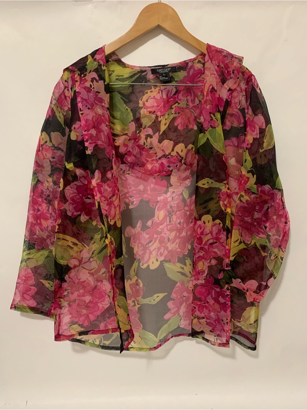 Karen Kane Silk Sheer Floral Top Cardigan Kimono in Pink, Green & Black